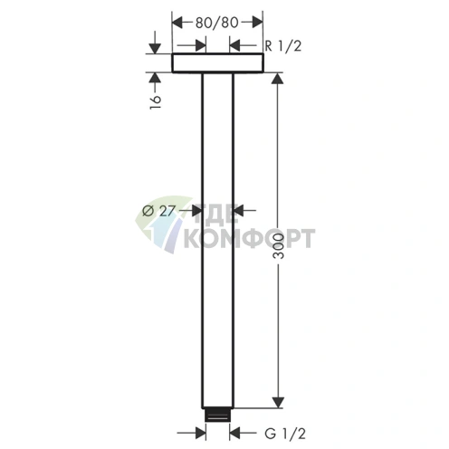 Потолочное подключение HG E 300 мм с резьбой G1/2 хром (27388000) - фото 2