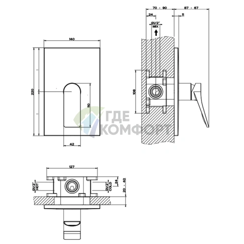 GESSI Rilievo Встраиваемый Смеситель для Душа на 1 Источник, Цвет Nero XL (59061#299) - фото 2