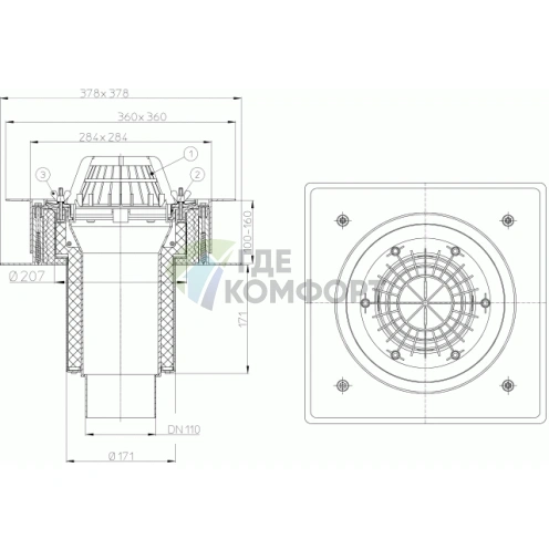 Кровельная воронка HL63 с листвоуловителем-теплоизоляцией и обжимным фланцем - фото 3