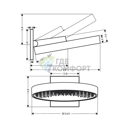 Верхний душ HG Rainfinity 360 мм с держателем, 1 струя, хром (26230000) - фото 1