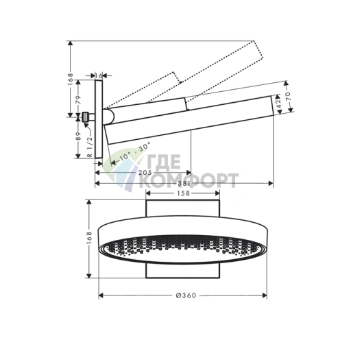 Верхний душ HG Rainfinity 360° с настенным креплением, полированное золото, 1 струя (26230990) - фото 2