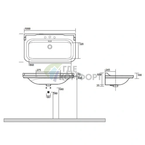 Керамическая раковина Kerasan Waldorf 100×55 см белая с заглушками хром (4142K1bi/cr*1) - фото 3