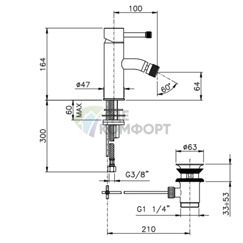 Смеситель для биде Nicolazz Arena с донным клапаном на 1 отверстие, хром (3703CR56M) - фото 2