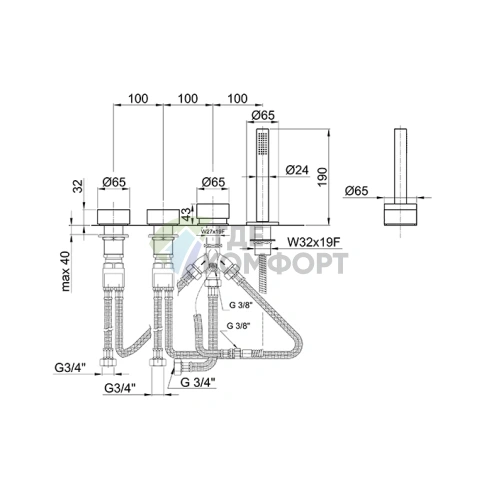 Смеситель Fantini AF/21 для борта ванны: 4 отверстия, без излива, матовая натуральная сталь (27 93 A267) - фото 2