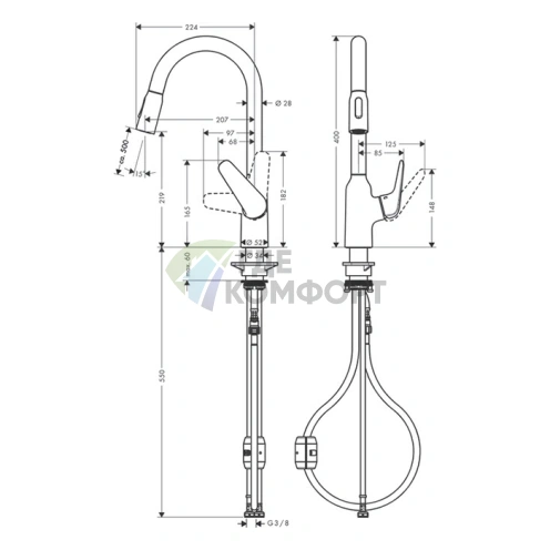 Кухонный смеситель Hansgrohe Focus M42 с выдвижным душем в цвете под сталь (71800800) - фото 2