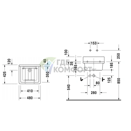 Раковина Duravit Starck III 480x425 мм без перелива, белая (313480000) - фото 2