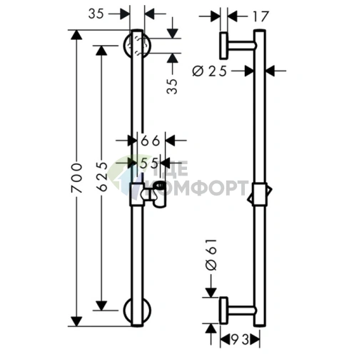 Душевая штанга HG Unica Comfort 650 мм с регулируемым держателем, хром (26401000) - фото 2