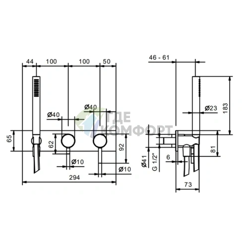 Встраиваемый смеситель для душа Fantini Nostromo на 2 источника с ручным душем (нержавеющая сталь) (50 93 E884B) - фото 2