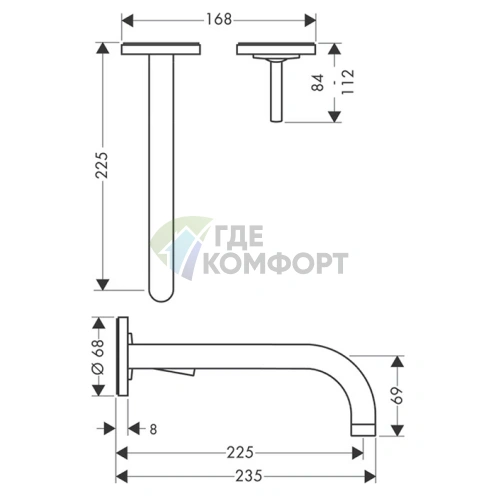 Встраиваемый смеситель AX Uno для раковины с двумя розетками (хром, излив 225 мм) (38116000) - фото 2