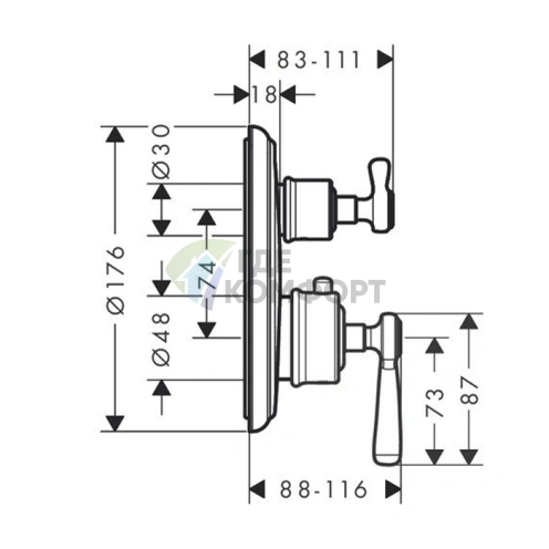 Термостат AX Montreux с запорным вентилем и рычаговой рукояткой, силумин, полированное золото (16801990) - фото 2
