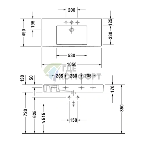 Раковина Duravit Vero для мебели с отверстием под смеситель 1050x490 мм, белая (329100000) - фото 4