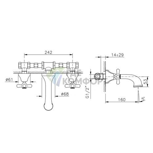 Смеситель для раковины настенный Nicolazzi Nuova Brenta с двумя ручками, бронза, излив 160 мм (2577BZ) - фото 2