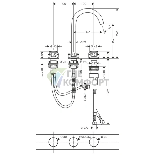 Смеситель для раковины AX One Select 170 на 3 отверстия со сливом push-open в хроме (48070000) - фото 2