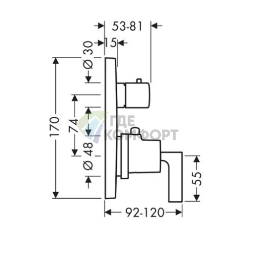 Термостат для душа AX Citterio встраиваемый, хром, с запорным вентилем (39700000) - фото 2