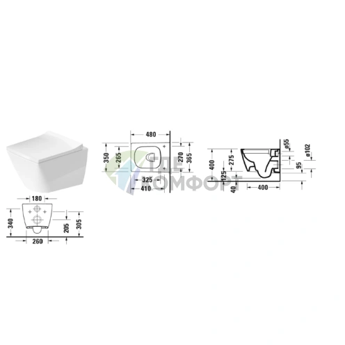 Унитаз подвесной Duravit Viu: компактный безободковый, 370×480 мм, белый (2573090000) - фото 2