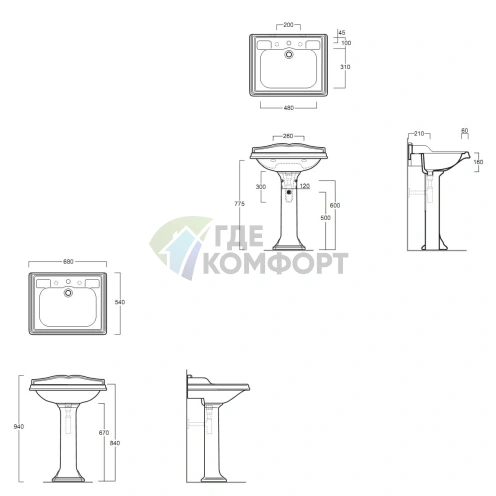 Раковина SIMAS Arcade 68 со спинкой 68x54 см, белая, с пьедесталом - фото 2