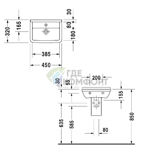Раковина Duravit Starck 3 450x320 мм белая с отверстием под смеситель и переливом (750450000) - фото 5