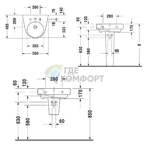 Подвесная раковина Duravit 600x500 мм с полупьедесталом, белая (2323600000) - фото 4
