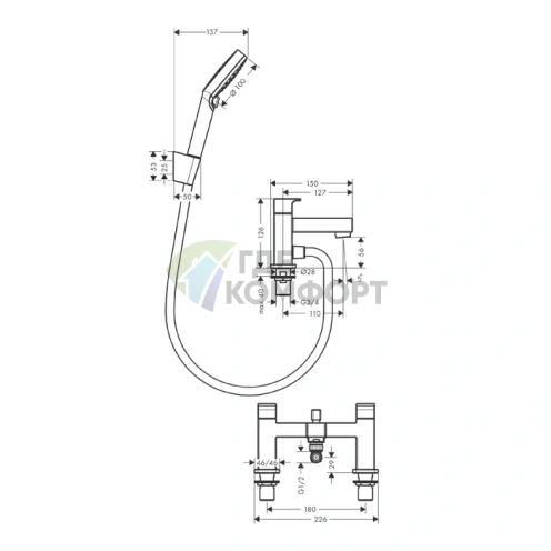 Смеситель для ванны Hansgrohe Vernis Shape с ручным душем Vernis Blend Vario, хром (71462000) - фото 2