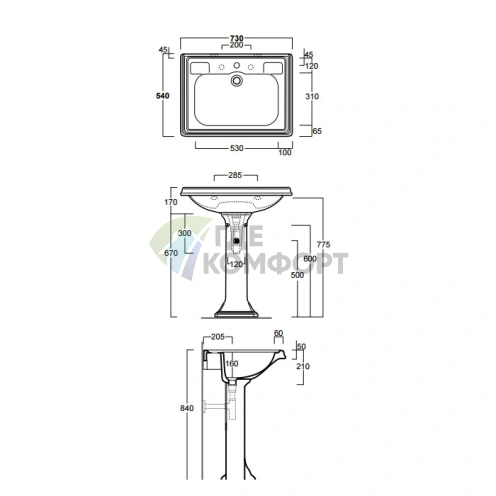 Раковина SIMAS Arcade 73x54 см на пьедестале, белая, с отверстием под смеситель - фото 2