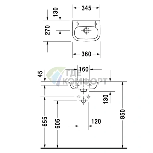 Раковина Duravit D-Code для рук без перелива, с отверстием под смеситель справа, 360x270 мм, белый (7053600082) - фото 2