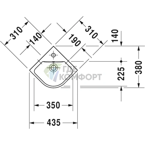 Угловая раковина для рук Duravit ME by Starck с переливом, 1 отверстием под смеситель, 430x380 мм, белая (722430000) - фото 2