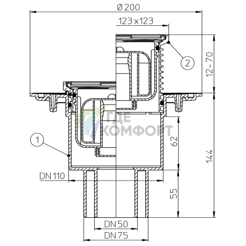 Трап HL310NPr с решеткой 115x115 мм и вертикальным выпуском DN110/75/50 - фото 3