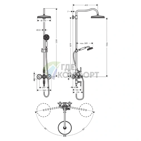 Душевая стойка Axor Montreux с термостатом и верхним душем в шлифованном золоте (16572250) - фото 2