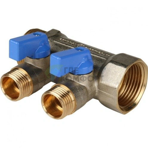 Коллектор распределительный 1 с запорными кранами и 2 отводами 1/2, ручки синие STOUT - фото 3