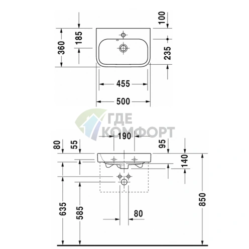 Раковина DURAVIT Happy D2 для мебели 50x36 см белая с отверстием под смеситель (710500000) - фото 2