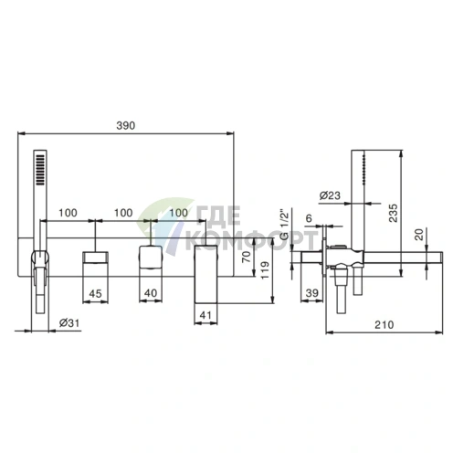Смеситель для ванны Fantini Mint встраиваемый с ручным душем и изливом 200 мм, хром (34 02 F721B) - фото 2