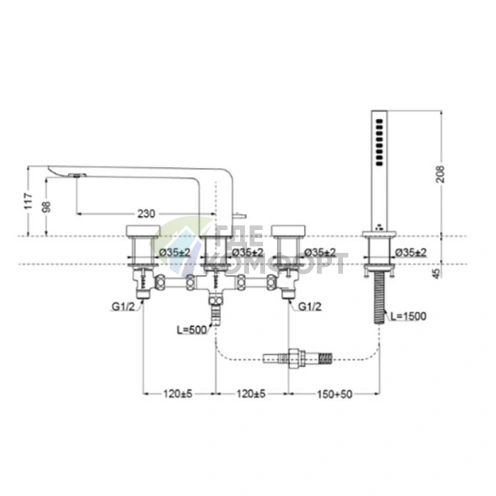 Смеситель для ванны TOTO NEOREST на 4 отверстия с ручным душем, хром (TBP02202R) - фото 2
