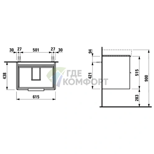 Подвесная база LAUFEN Base 8.1096.4 с двумя ящиками, белая глянцевая, 615x440x530 мм (4.0229.2.110.261.1) - фото 2