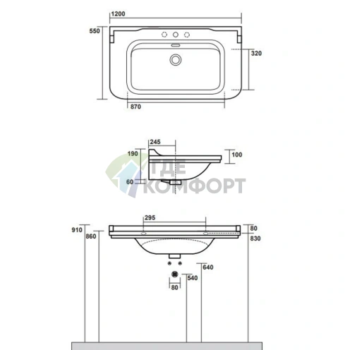 Kerasan Waldorf: черная керамическая раковина 120x55 см с хромированной заглушкой (4144K4 nero/cr *1) - фото 2