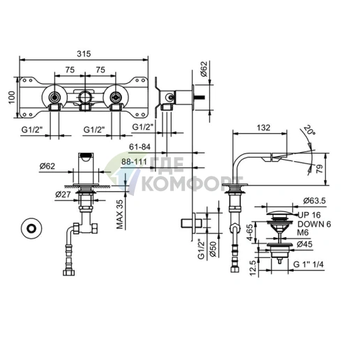 Смеситель для биде Fantini Venezia Matt Gun Metal PVD с донным клапаном (29 P5 N511SB) - фото 2