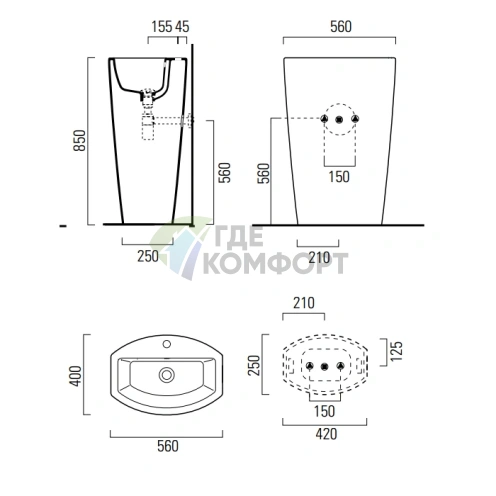 Напольная раковина GSI Norm 56x40h85 с переливом, отверстием под смеситель и сливом в стену, белая - фото 2