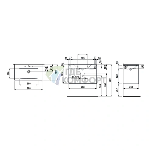 Комплект мебели с раковиной Slim LAUFEN Palace 80 см, 2 ящика, белый глянцевый, подвесной (8.6070.5.261.104.1) - фото 2