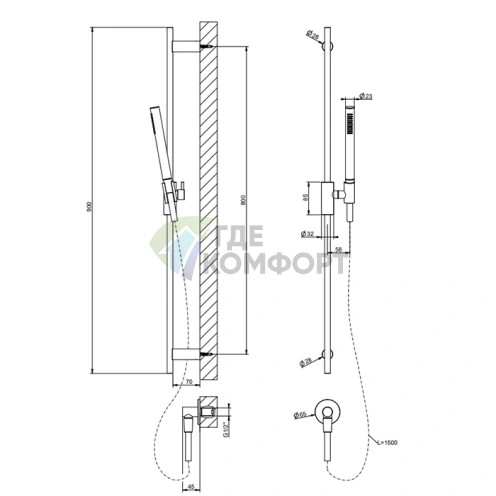 GESSI HABITO UNITO: Душевой гарнитур со штангой, верхним душем и ручным душем 150 см в хроме (70042#031) - фото 2