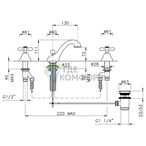 Смеситель для раковины Nicolazzi Nuova Brenta на 3 отверстия с донным клапаном (2508CR) - фото 2