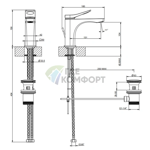 Смеситель для раковины GESSI Rilievo на 1 отверстие с донным клапаном, хром (59005#031) - фото 2