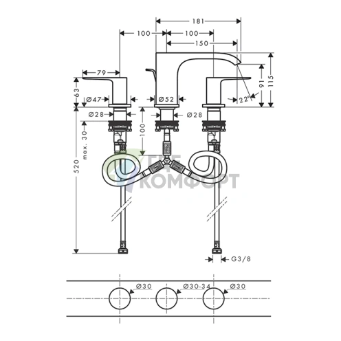 Смеситель для раковины Hansgrohe Vivensis на 3 отверстия с донным клапаном, матовый черный (75033670) - фото 2