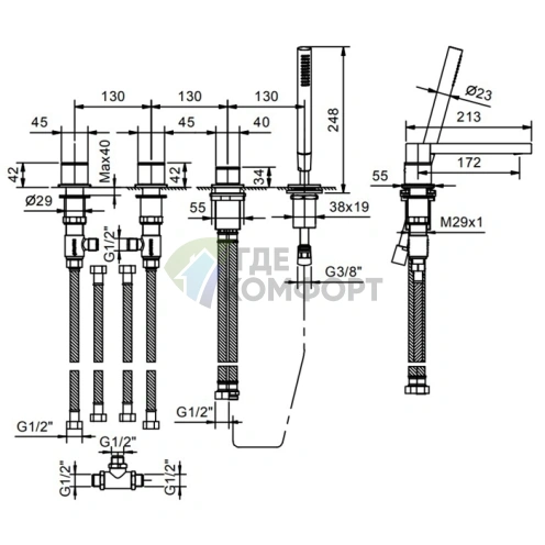 Смеситель Fantini Mint для борта ванны с ручным душем (2 входа, 4 отверстия) (34 93 F167) - фото 2