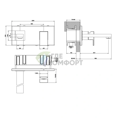 Gessi Rettangolo Встраиваемый Однорычажный Смеситель с Изливом 146 мм, Черный (44840#299) - фото 2