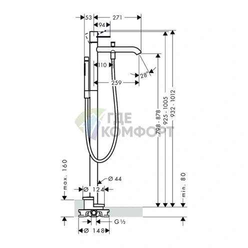 Напольный смеситель для ванны AX Uno в глубоком полированном черном хроме (38442330) - фото 2
