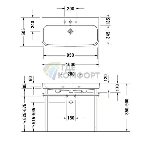 Раковина Duravit Happy D2 для мебели, шлифованная белая, 1000x505 мм (2318100027) - фото 2