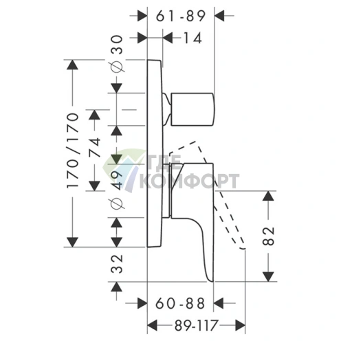 Встраиваемый однорычажный смеситель для ванны AX Citterio M со встроенной защитой от обратного потока, хром (34427000) - фото 2