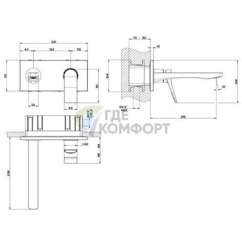 Встраиваемый смеситель GESSI Rilievo для раковины с изливом 215 мм, цвет Nero XL (59089#299) - фото 2