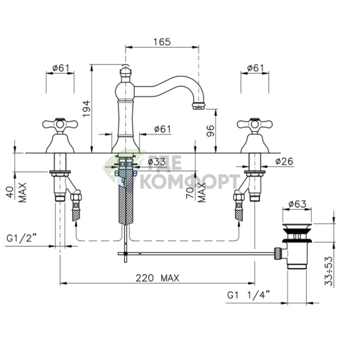Смеситель для раковины Nicolazzi Nuova Brenta на 3 отверстия с донным клапаном, хром (2509CR) - фото 2