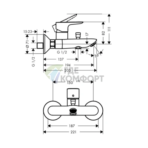Смеситель для ванны Hansgrohe Talis E настенный, хром, излив 194 мм (71740000) - фото 2
