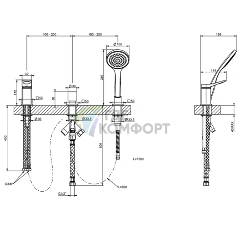 Смеситель для ванны GESSI Rilievo на 3 отверстия с выдвижной лейкой и переливом (59043#299) - фото 2